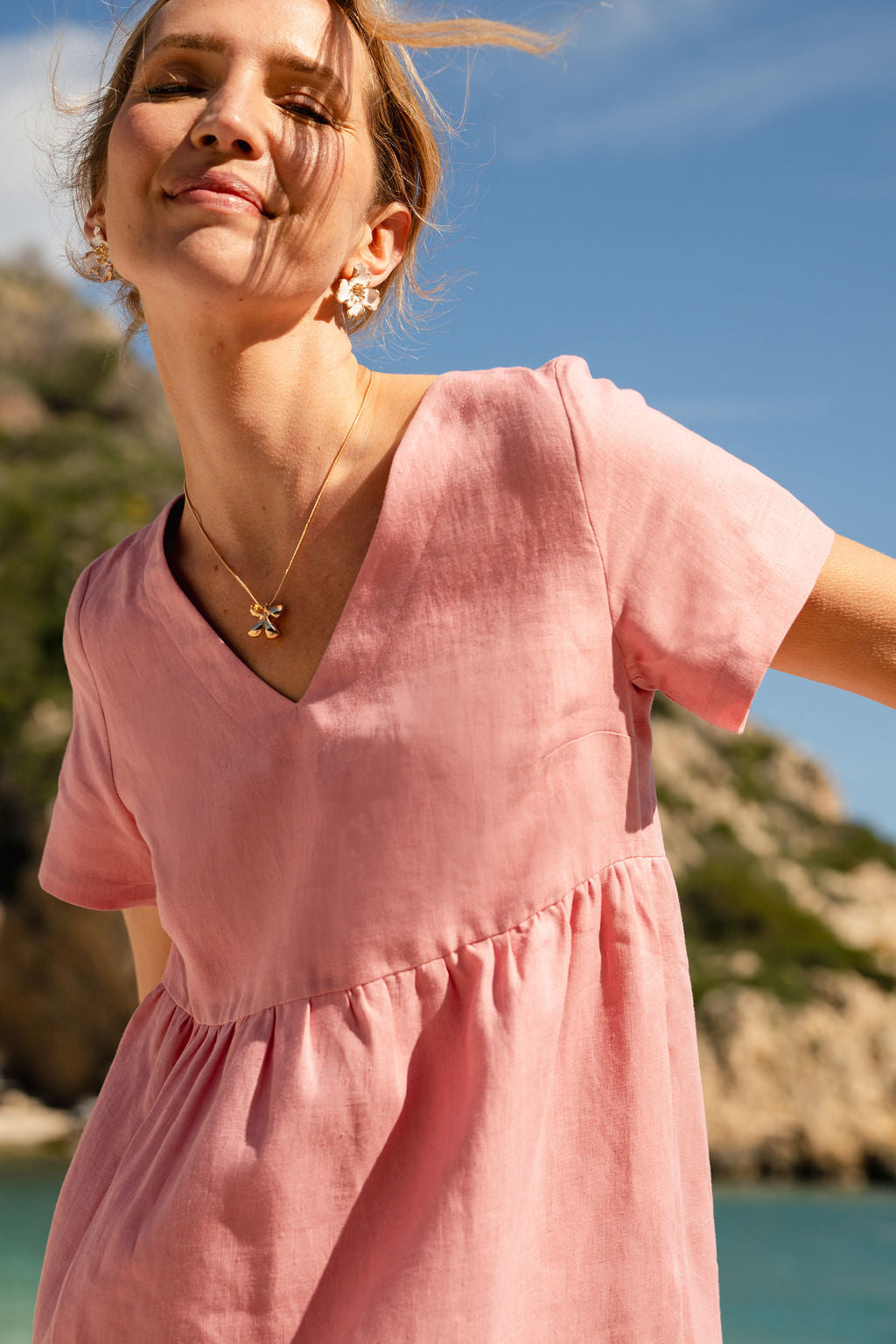Nakoa- Pellava Kerrosmekko,Powder Pink